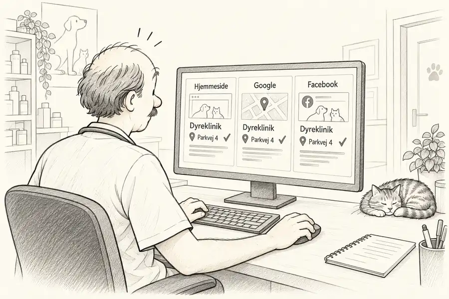 En dyrlæge ser, at klinikkens oplysninger er rigtige på hjemmesiden, på Google og på Facebook.