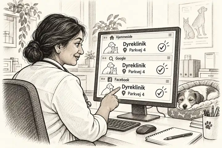 En dyrlæge tjekker, at klinikkens navn og adresse er ens på hjemmesiden, på Google og på Facebook.